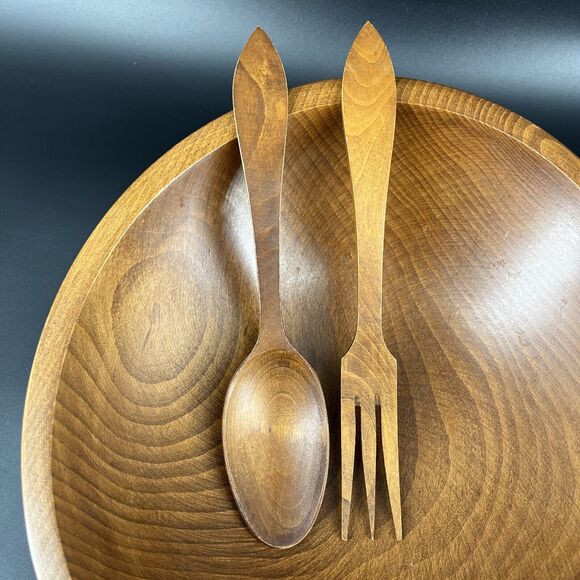 Vintage Footed Wood Salad Bowl Fork Spoon Set By Woodcraftery Made In USA - Picture 3 of 16